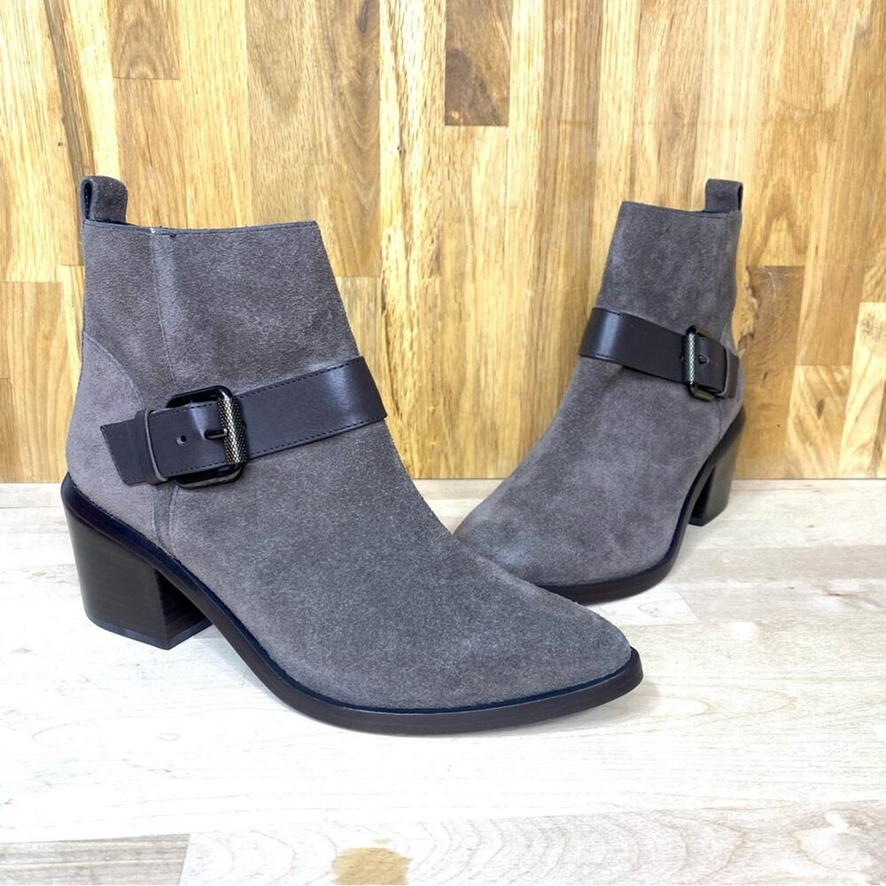 All Saints Jason Buckle Heeled Ankle Boots Dark Gray Suede 38